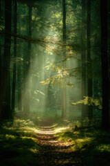 Fototapeta premium Sunlight Filtering Through Trees in a Forest