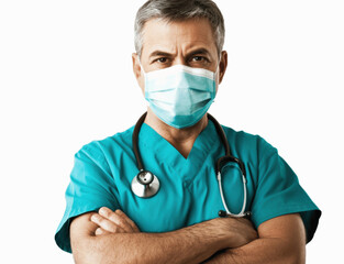 A doctor with arms crossed and a stethoscope, wearing a mask, looking serious and professional, centered on a white background