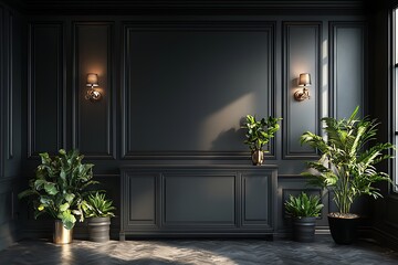 Dark Elegance: Interior Design with Plants and Gold Accents in a Luxurious Room