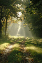 Obraz premium Sunbeams through the forest canopy illuminate a path through the woods.