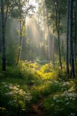 Fototapeta premium Sunlit Path Through a Misty Forest