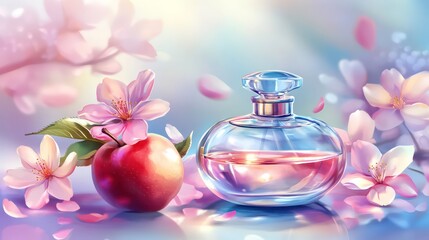 A luxurious glass perfume bottle with apple, cherry or sakura blossoms next to it. Perfumery. A jar of scented oil or water. Spa and aromatherapy. Illustration for cover, postcard, brochure or advert.