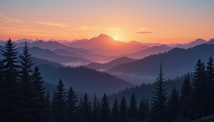 Fototapeta premium Sunset and silhouettes of trees in the mountains generative AI 