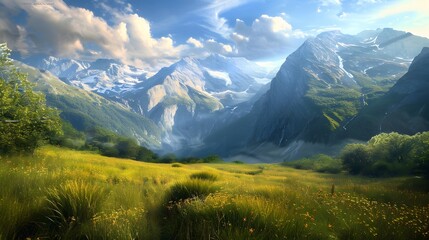 Fototapeta premium Serene Mountain Landscape with Lush Greenery and Clear Sky