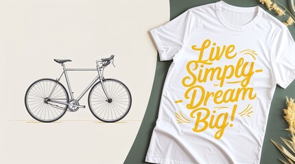 Minimalist bicycle t-shirt design featuring inspiring quote, monochrome bike illustration with yellow text, copy space