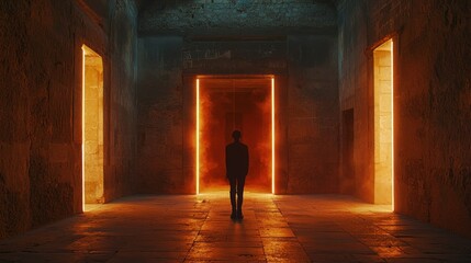 Silhouette of a person standing in an ancient, glowing doorway.