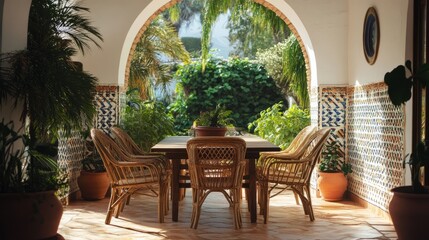 A sunlit dining space with a rustic table and wicker chairs, framed by an open archway adorned with vibrant Mediterranean tiles