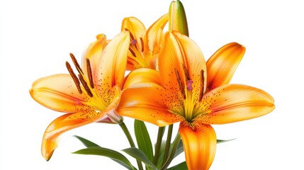 A close-up of a bunch of orange lily flowers with pollen-laden stamens, isolated white background, classic art style