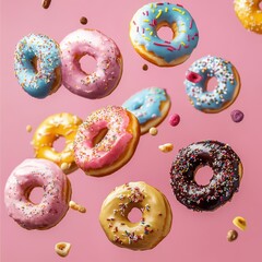 Colorful donuts flying in the air sweet treats studio setting playful vibe