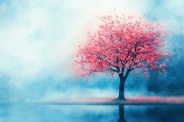 Serene Pink Tree by Calm Water in Misty Landscape