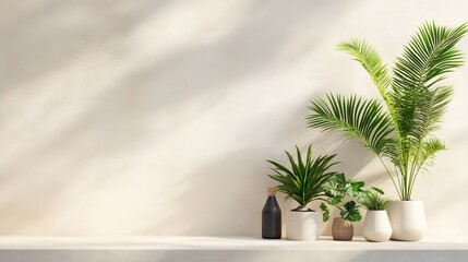 Fototapeta premium Serene Tropical Plants Gracefully Arranged on a Neutral Wall: 3D Rendered Minimalist Home Decor Mockup. AI Generated