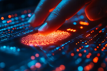 A modern depiction of biometric authentication technology showing a person scanning their fingerprint on a digital device, symbolizing security and innovation.
