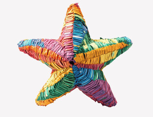 A large, colorful piñata in the shape of a star, isolated on a white background, full view to showcase details and texture