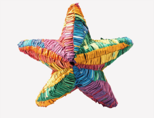 A large, colorful piñata in the shape of a star, isolated on a white background, full view to showcase details and texture