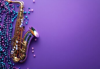 Golden Saxophone with Colorful Beads on Purple Background for Celebratory and Festive Themes, Perfect for Music and Jazz-Related Projects