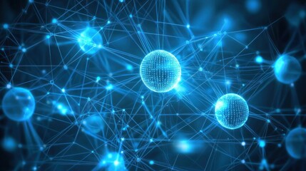 Abstract network connection, digital nodes, glowing spheres, futuristic technology.