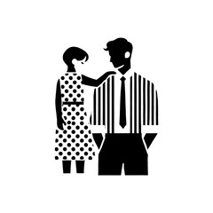 A minimal illustration of a man with a boy in a polka-dotted dress in a black and white color block style.