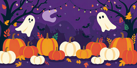 Spooky Halloween Night Pumpkins Ghosts Autumn Leaves