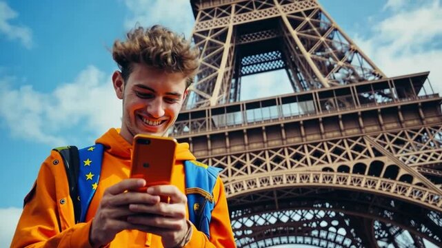 This image shows a happy person engaging with a smartphone near the Eiffel Tower. It represents youth, travel, and the joy of discovery. Generative AI