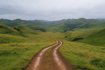 Winding dirt road through rolling green hills under a cloudy sky