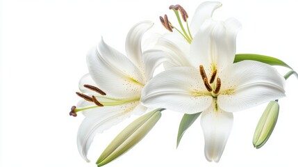 A close-up of a cluster of white lily flowers with pollen on their stamens, isolated white background, minimalist art style
