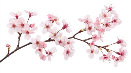 A close-up of a delicate cherry blossom branch with its pink petals in full bloom, isolated white background, minimalist art style