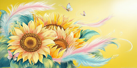 Vibrant Sunflowers Feathers Butterflies Summer Floral Art
