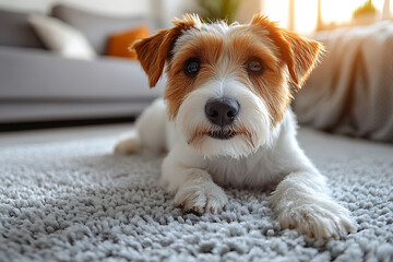  A happy dog lying on a freshly steam-cleaned carpet in a bright living room, showcasing cleanliness and a pet-friendly environment