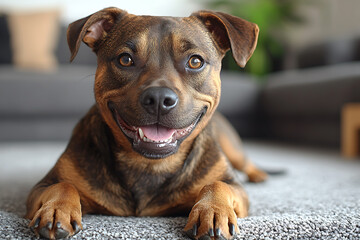  A happy dog lying on a freshly steam-cleaned carpet in a bright living room, showcasing cleanliness and a pet-friendly environment