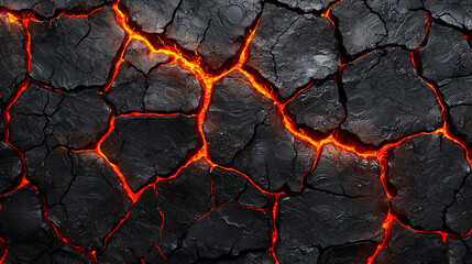 A textured surface of cracked black earth reveals glowing orange lava beneath, showcasing the dynamic contrast between cool rock and hot magma.