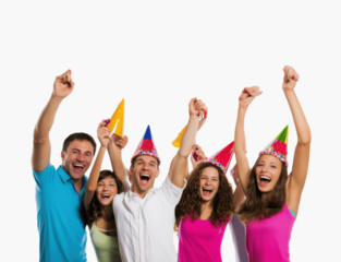 A group of friends celebrating with confetti and party hats, isolated and centered on a white background, smiling and cheering