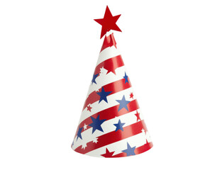 A whimsical, cone-shaped party hat with stars and stripes, isolated and centered on a white background
