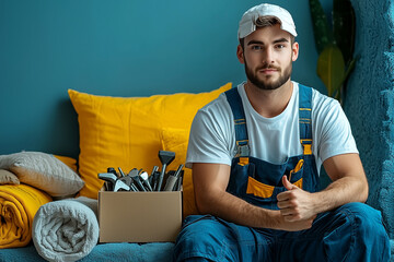 A man dressed in overalls shows a thumbs up gesture. People who build, repair and improve our lives. Working profession.