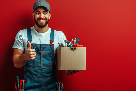 A man dressed in overalls shows a thumbs up gesture. Working professions are the basis of comfort and safety.