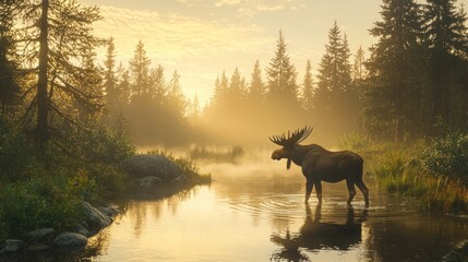 Majestic moose at sunrise in a misty forest river.