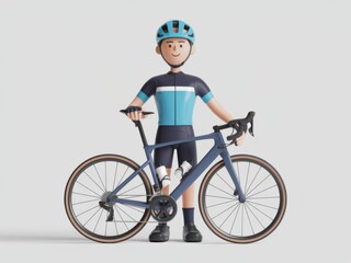 Fototapeta premium 3D Cyclist Wearing Blue Outfit Standing Next to Sport Bike Against Light Background