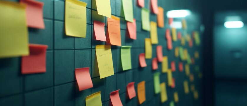 Bright sticky notes on a modern glass board alongside organized task lists vibrant reminders emphasizing clarity and systematic organization clean and contemporary layout