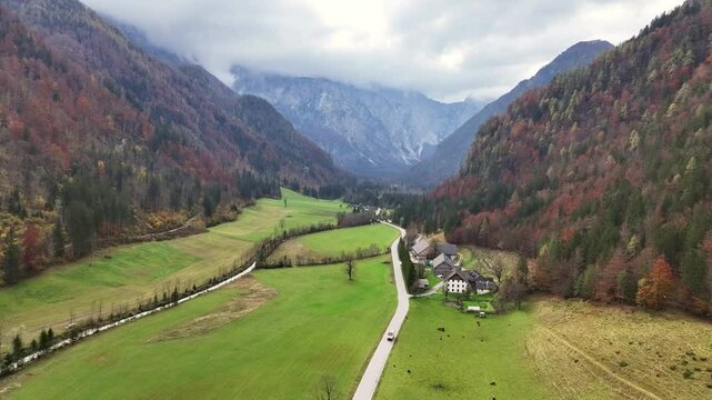 Amazing autumn video of the picturesque Logar Valley (Logarska Dolina) and Solcava panoramatic road, Slovenia