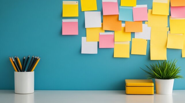 A minimalist desk setup with sticky notes and a calendar highlighting organized reminders vibrant colors in a clean environment sharp and productive design