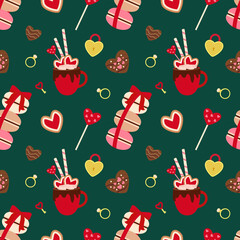 Seamless pattern of hot chocolate chocolates and cookies and wedding ring for Valentine's Day, vector.