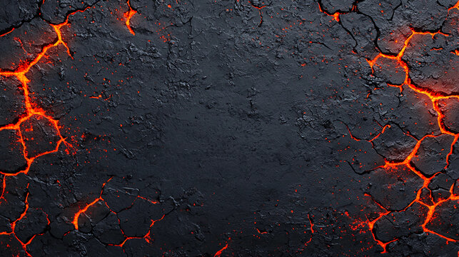 A dark, cracked surface with glowing red lava veins, evoking a sense of heat and volcanic activity.