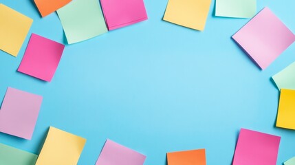 Fototapeta premium Colorful sticky notes pinned to a whiteboard surrounded by planning papers representing productivity and brainstorming clean and modern layout