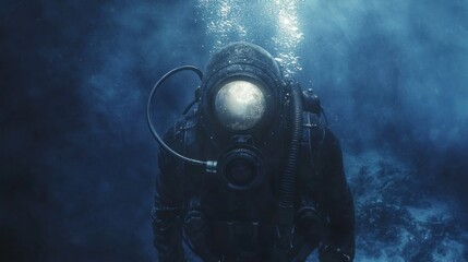 Deep sea diver in vintage diving suit underwater.