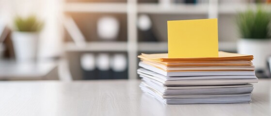 A single sticky note on a stack of neatly organized papers showcasing simplicity and focus in productivity crisp lighting and clean workspace aesthetic