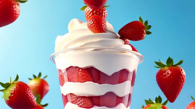 Delicious strawberry parfait with whipped cream served against bright blue background