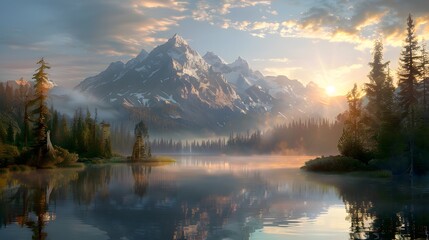 Serene Mountain Landscape at Sunrise with Reflections in Water