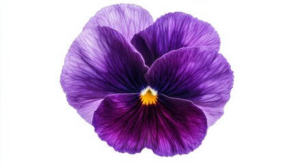A close-up of a violet pansy with intricate patterns and deep hues, isolated white background, minimalistic art style