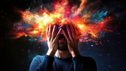 Man with head exploding in colorful cosmic explosion, expressing stress and overwhelm.