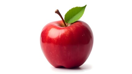 Red Apple Single Fresh Fruit Green Leaf White Background
