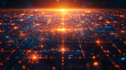 Fototapeta premium Futuristic city glowing at night, digital network, abstract technology.